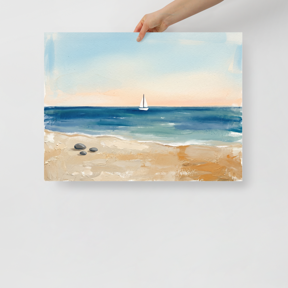 'Distant Sails' — a Impressionism,Minimalism print. A textured painting of a quiet beach with three smooth stones in the foreground and a solitary white sailboat on the horizon, perfect for a peaceful Bedroom or Bathroom.