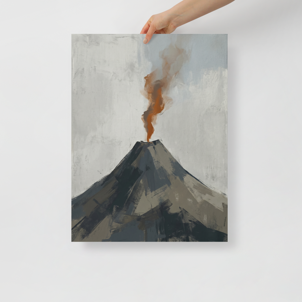 'Earth's Exhale' — a Minimalism print. A minimalist painting of a dark grey volcano erupting with a rust-orange plume of smoke against a pale grey sky, ideal for a Living Room or Office.