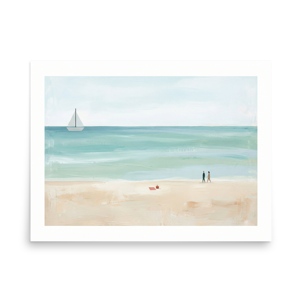 'Coastal Stroll' — a Minimalism,Impressionism print. A wide, minimalist painting of a beach with a couple walking, a red towel on the sand, and a sailboat on calm turquoise water, perfect for a Bedroom or Sunroom.