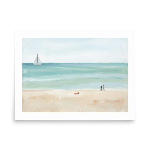 'Coastal Stroll' — a Minimalism,Impressionism print. A wide, minimalist painting of a beach with a couple walking, a red towel on the sand, and a sailboat on calm turquoise water, perfect for a Bedroom or Sunroom.