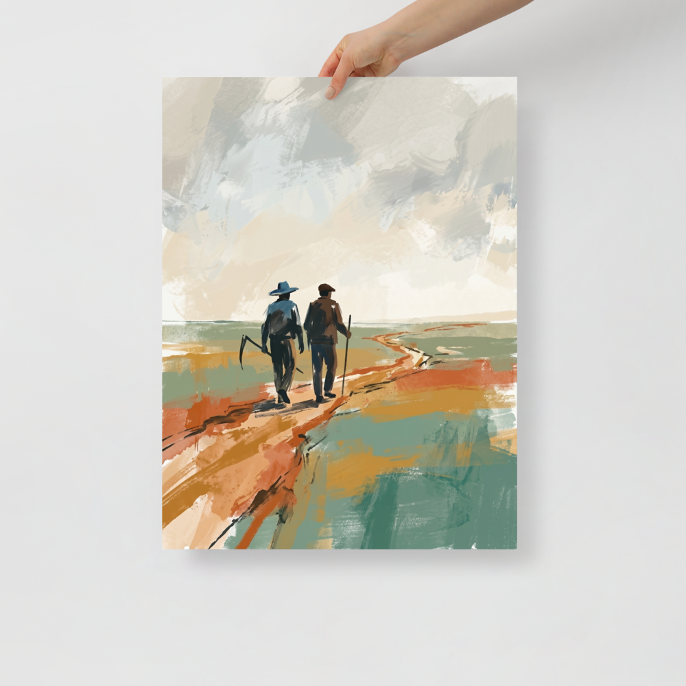'The Long Road Home' — a Impressionism,Minimalism print. A minimalist painting of two farmers walking along a dirt path through a field, rendered in earthy tones of green and orange, perfect for a Living Room or Office.