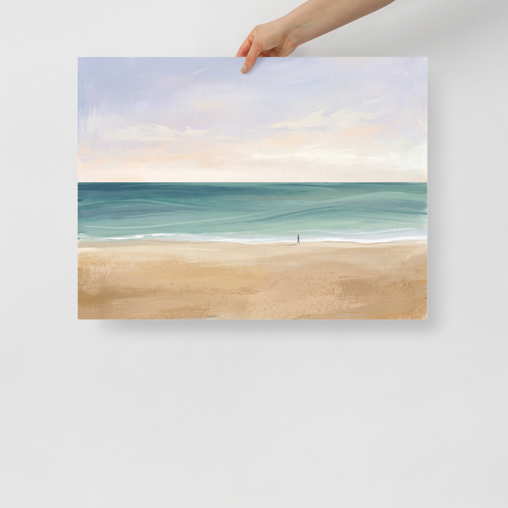 'Solitary Shore' — a Minimalism,Impressionism print. A minimalist painting of a vast, tranquil beach with a tiny silhouetted figure walking alone by the water under a soft pastel sky, perfect for a Bedroom or Meditation Room.