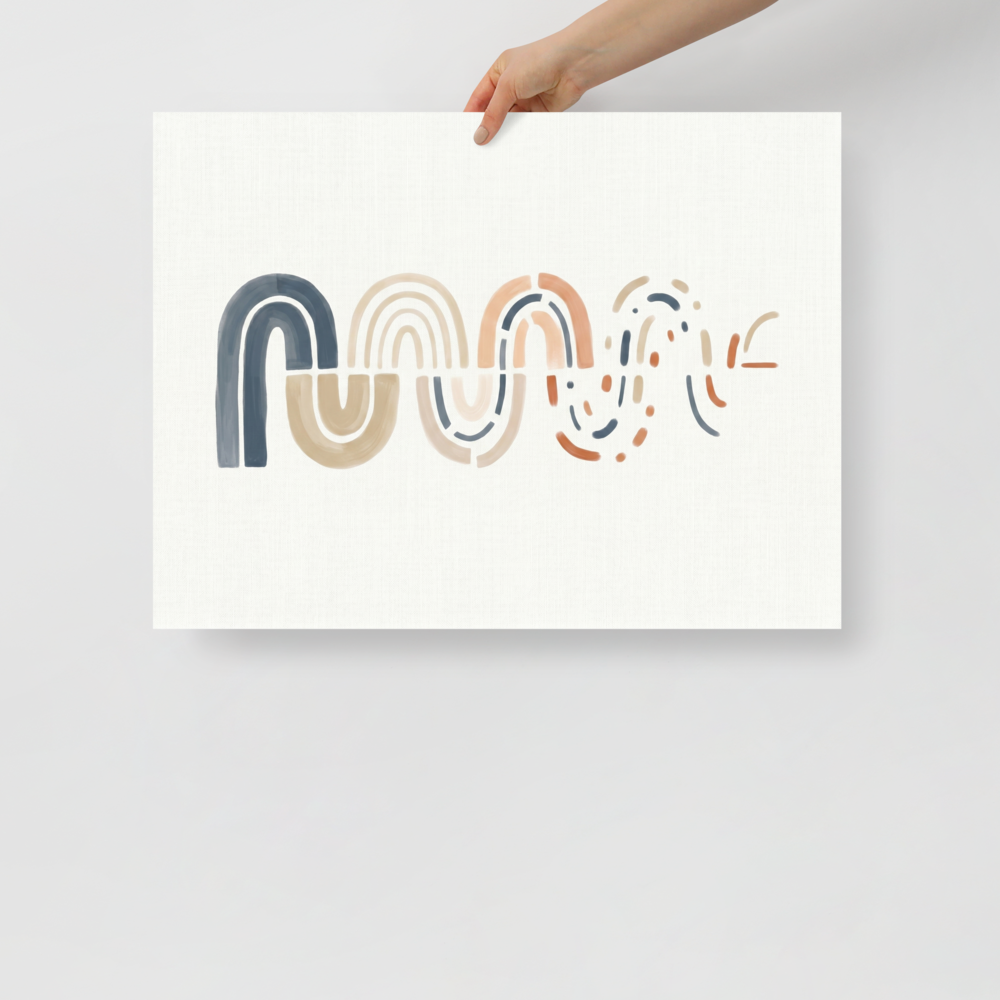 'Unraveling Waves' — a Minimalism,Abstract art print. A minimalist abstract painting featuring a wavy line of nested arches in blue and peach that break apart into dots and dashes, perfect for a modern Nursery or Bedroom.