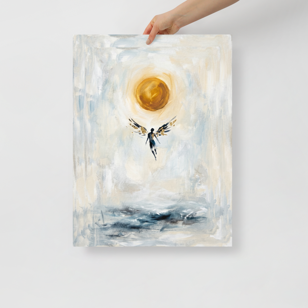 'Icarus Ascending' — a Expressionism,Symbolism print. An expressive painting of a winged figure flying upward toward a bright golden sun over dark, stormy waters, perfect for an Office or Living Room.