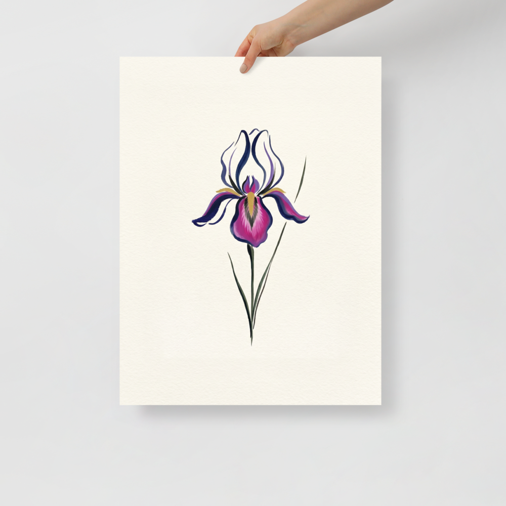 'Iris in Bloom' — a Minimalism print. A minimalist painting of a single purple and magenta iris flower with green stems on a cream background, perfect for a Bedroom or Bathroom.
