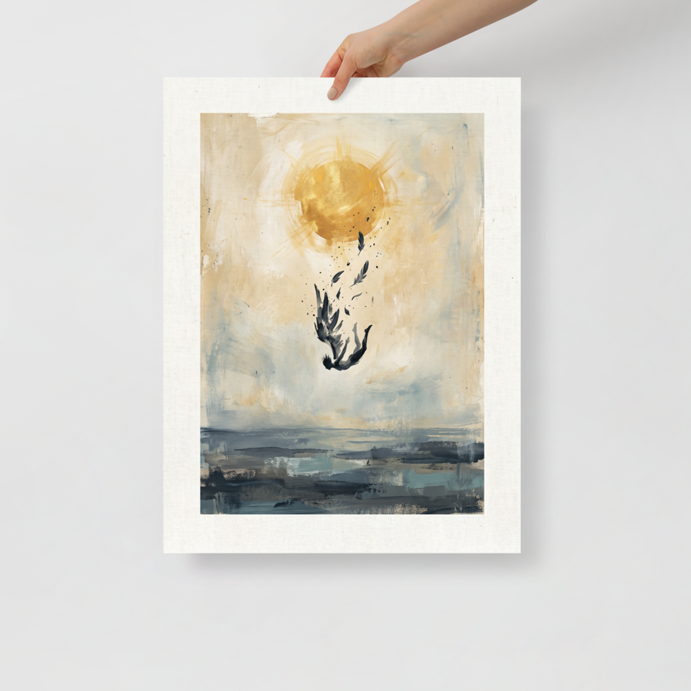 'Icarus Falling' — a Expressionism,Symbolism print. An expressive painting of a winged figure falling from a bright golden sun, losing feathers, towards dark choppy waters, perfect for a Living Room or Office.
