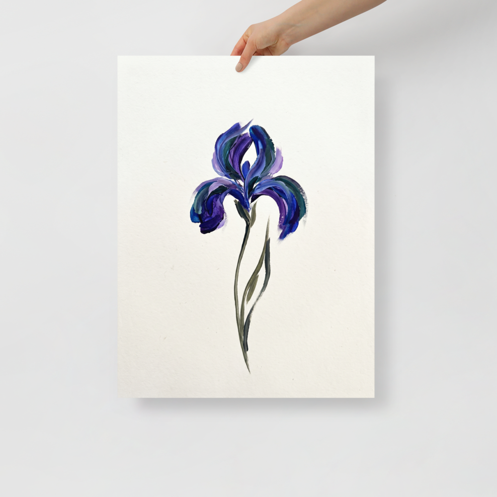 'Violet Impressions' — a Minimalism,Impressionism print. An expressive minimalist painting of a single purple iris flower using thick, bold brushstrokes on a white background, perfect for a Bedroom or Office.