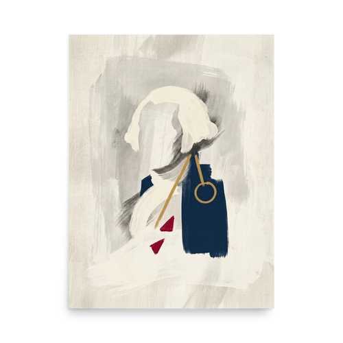 'Abstract Statesman' — a Abstract art,Minimalism print. An abstract, minimalist painting of a figure with white hair in a dark blue coat, featuring thick brushstrokes and touches of gold and red, perfect for an Office or Library.