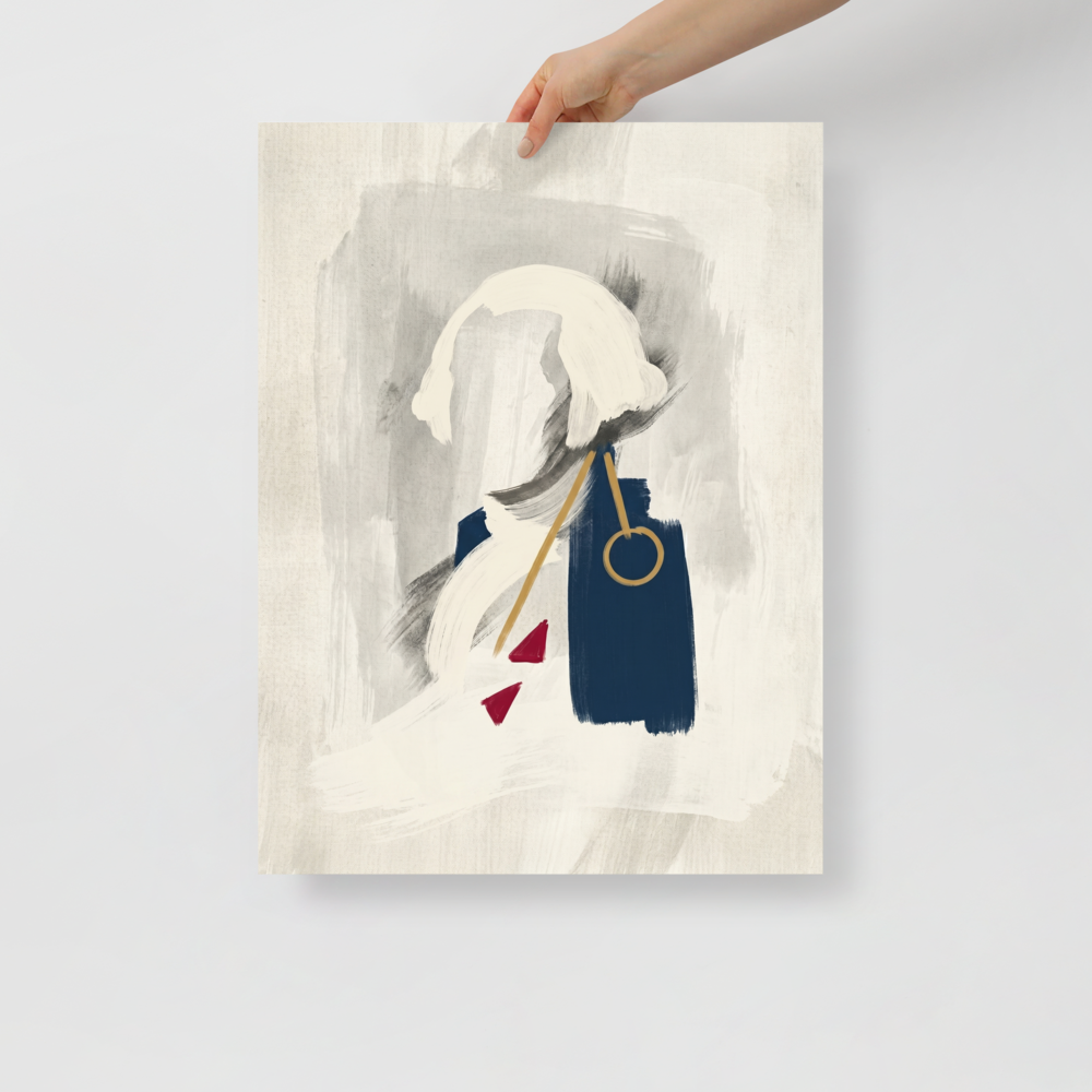 'Abstract Statesman' — a Abstract art,Minimalism print. An abstract, minimalist painting of a figure with white hair in a dark blue coat, featuring thick brushstrokes and touches of gold and red, perfect for an Office or Library.