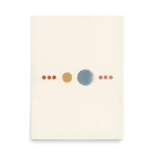 'Celestial Alignment' — a Minimalism print. A minimalist painting of a horizontal line of geometric circles in orange, gold, and blue on a cream background, perfect for a modern Office or Bedroom.