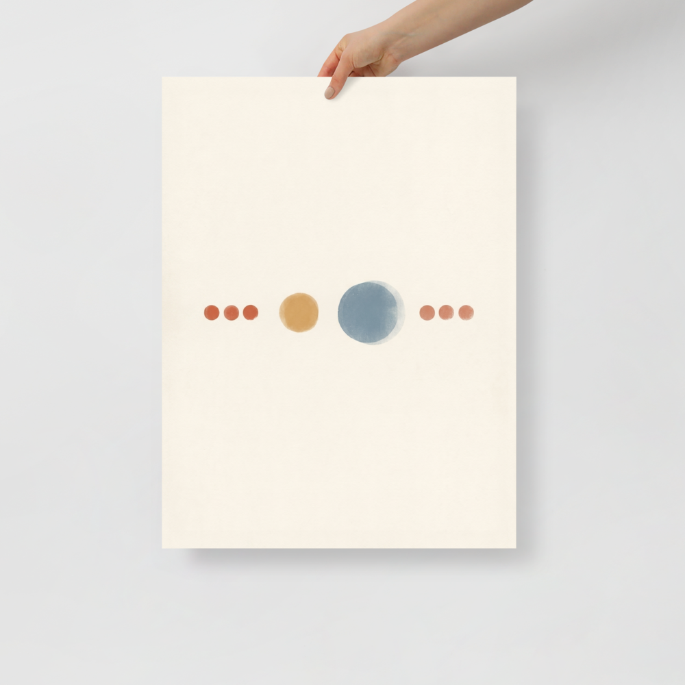 'Celestial Alignment' — a Minimalism print. A minimalist painting of a horizontal line of geometric circles in orange, gold, and blue on a cream background, perfect for a modern Office or Bedroom.
