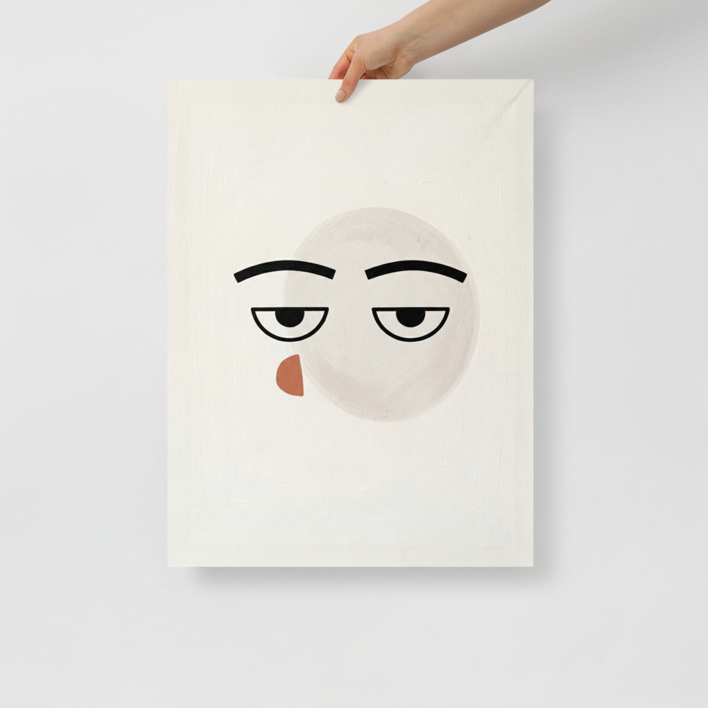 'Unamused' — a Minimalism,Pop art print. A minimalist painting of an unamused face made with simple black lines and circles against an off-white background, perfect for a Game Room or modern Office.
