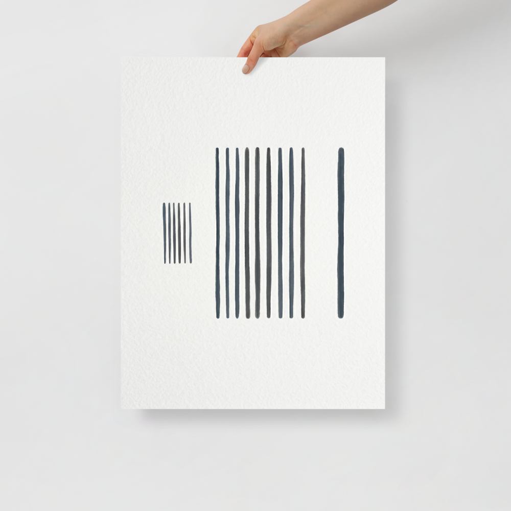 'The Measure of Silence' — a Minimalism print. A minimalist artwork featuring vertical gray lines arranged in distinct groups on a textured white background, perfect for a serene office space.