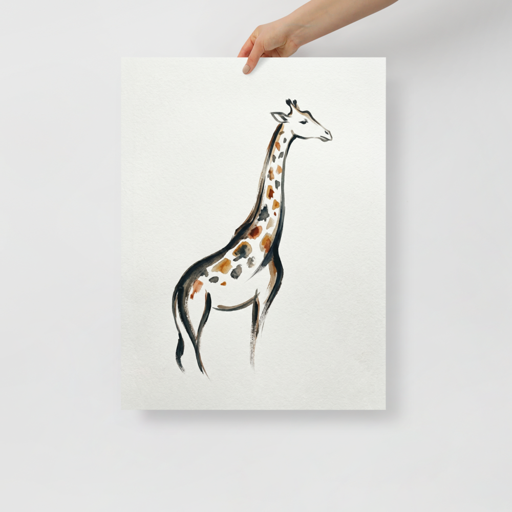 'The Tall Gent' — a Minimalism print. A minimalist watercolor sketch of a giraffe with brown and black spots, perfect for adding a touch of nature to a nursery.