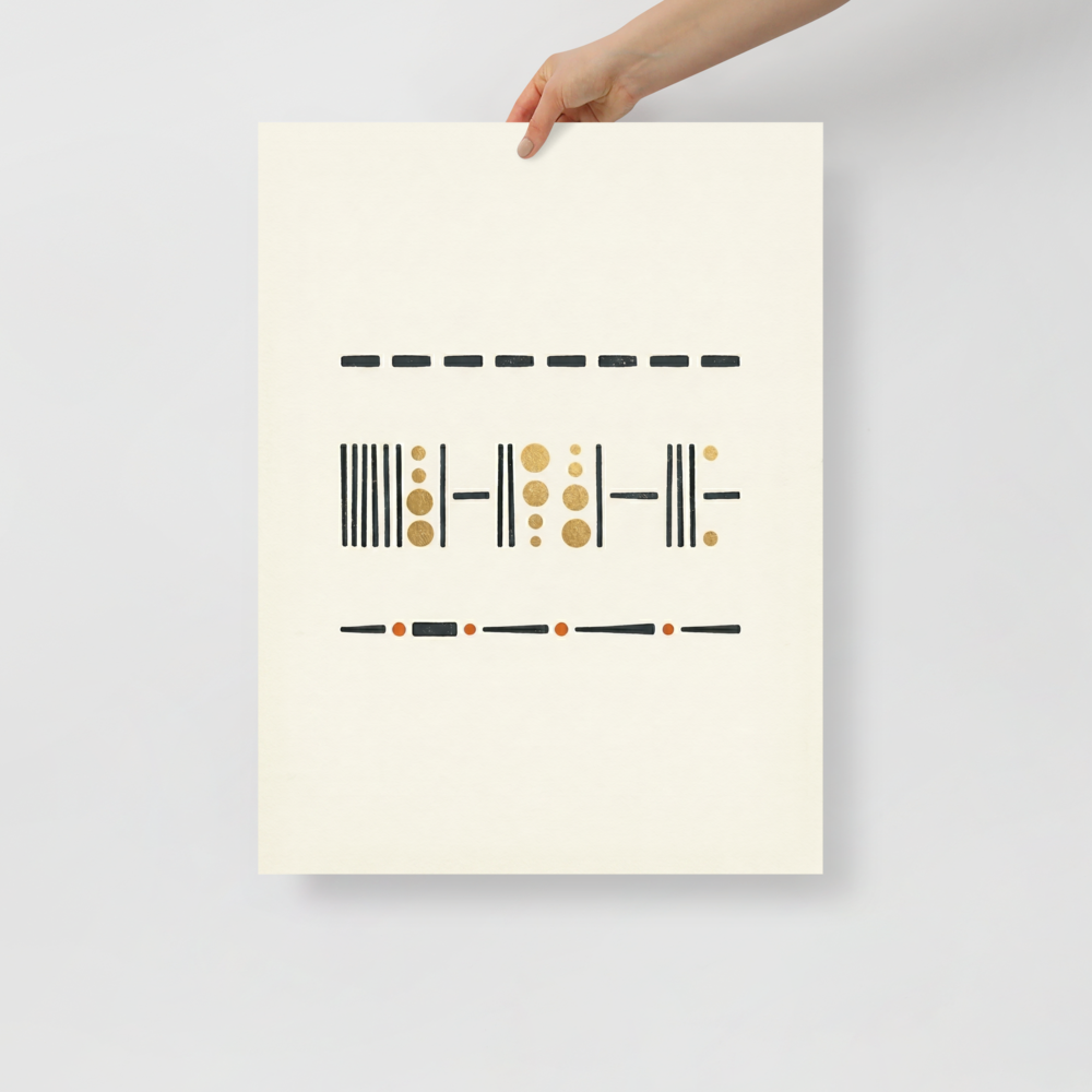 'Golden Rhythms' — a Minimalism,Geometric abstract art print. A minimalist artwork featuring horizontal bands of black lines and gold circles on a cream background, perfect for a contemporary entryway.