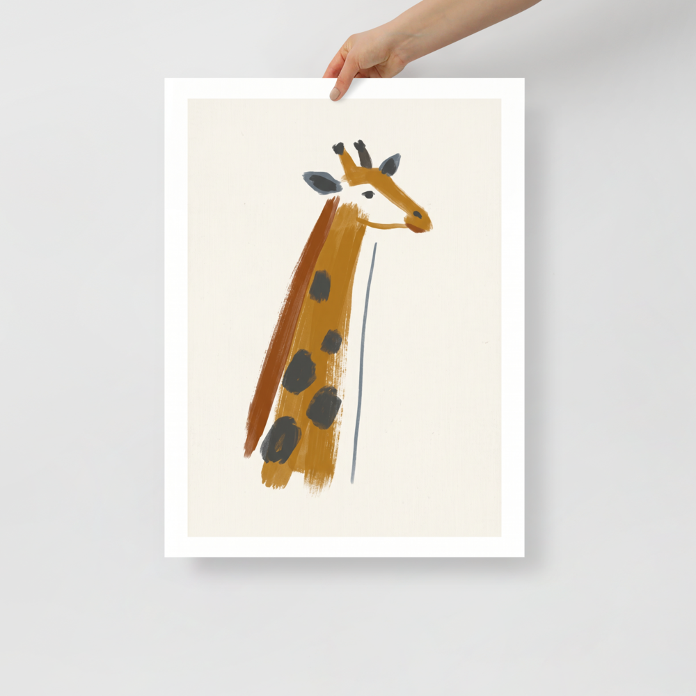 'Modern Safari' — a Minimalism print. A bold, abstract painted giraffe featuring thick ochre and grey brushstrokes on a textured white background, ideal for a modern living room.
