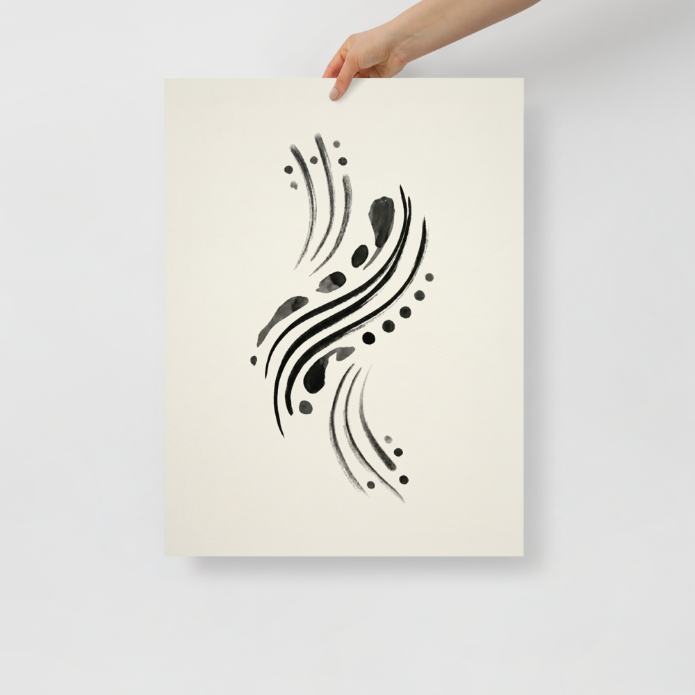 'Fluid Cadence' — a Minimalism,Abstract art print. An abstract minimalist artwork featuring fluid, sweeping black ink brushstrokes and scattered dots on an off-white background, perfect for a modern office.