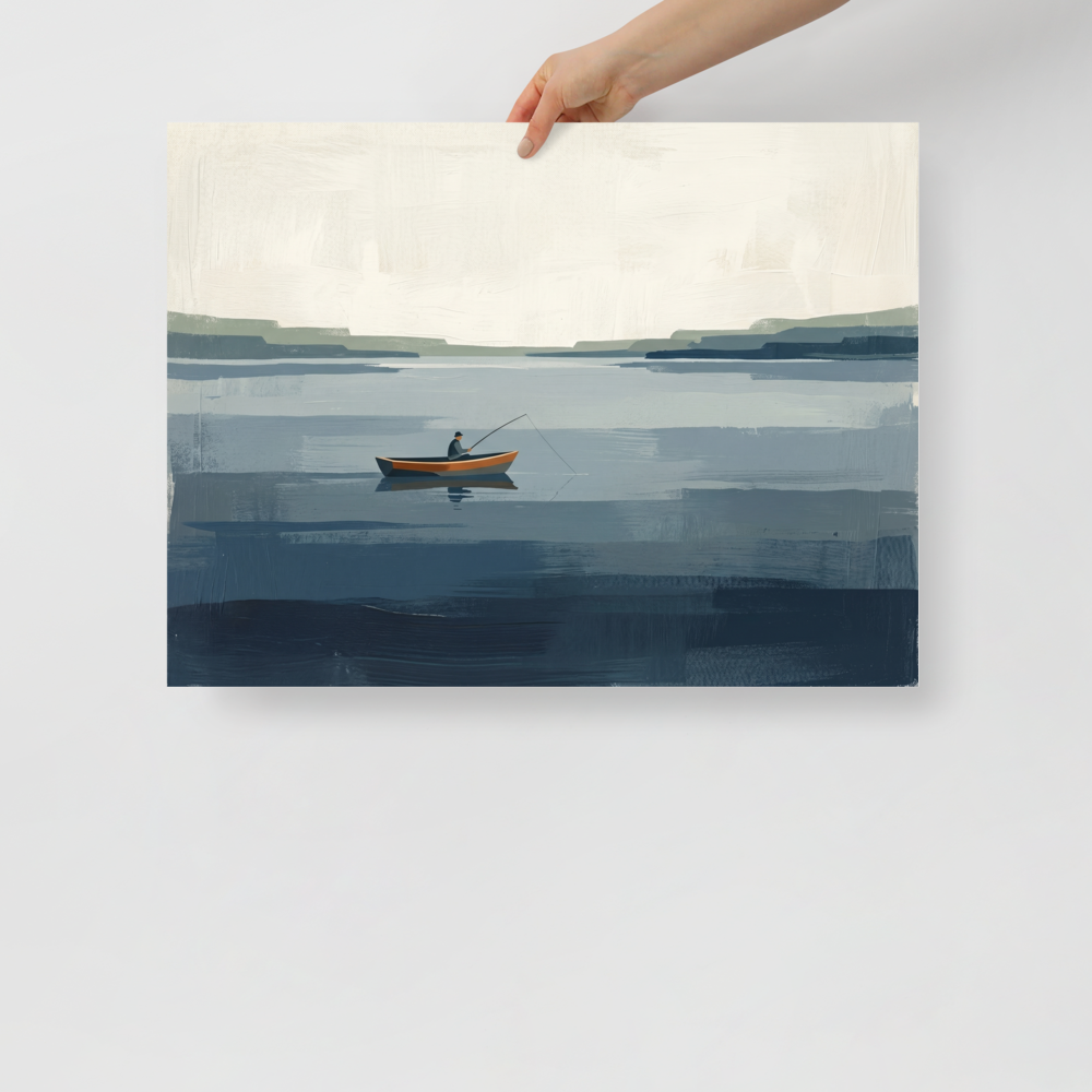 'Quiet Waters' — a Minimalism print. A peaceful minimalist painting of a solitary figure fishing in a small boat on vast blue and grey waters, perfect for a calm bedroom.