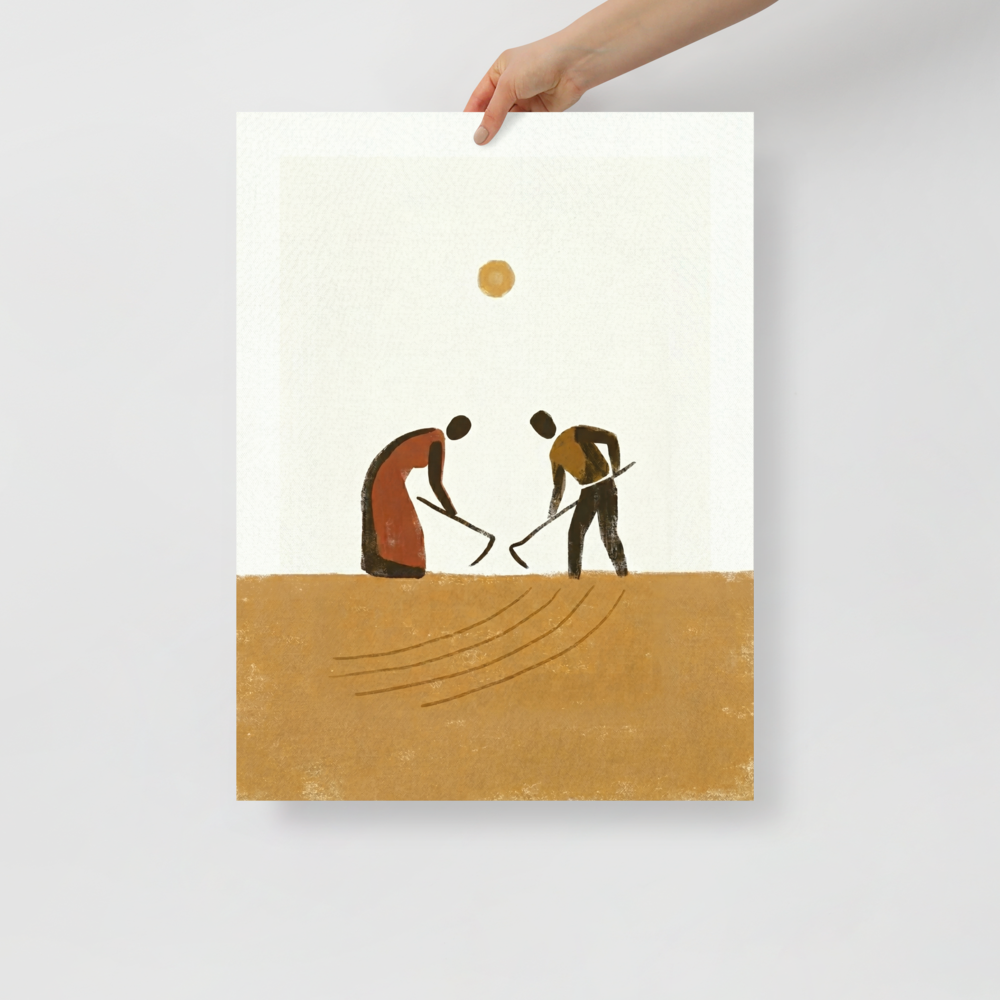 'Harvest Rhythm' — a Minimalism,Modernism print. A minimalist painting of two figures working a golden-brown field with hoes under a simple sun, perfect for a cozy kitchen or dining area.