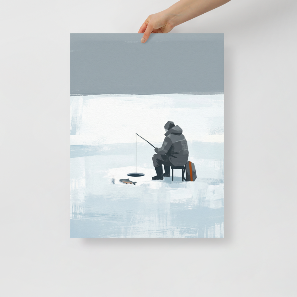 'Winter Solitude' — a Minimalism print. A serene minimalist painting showing a lone figure ice fishing on a frozen white and blue landscape, perfect for a calm study.