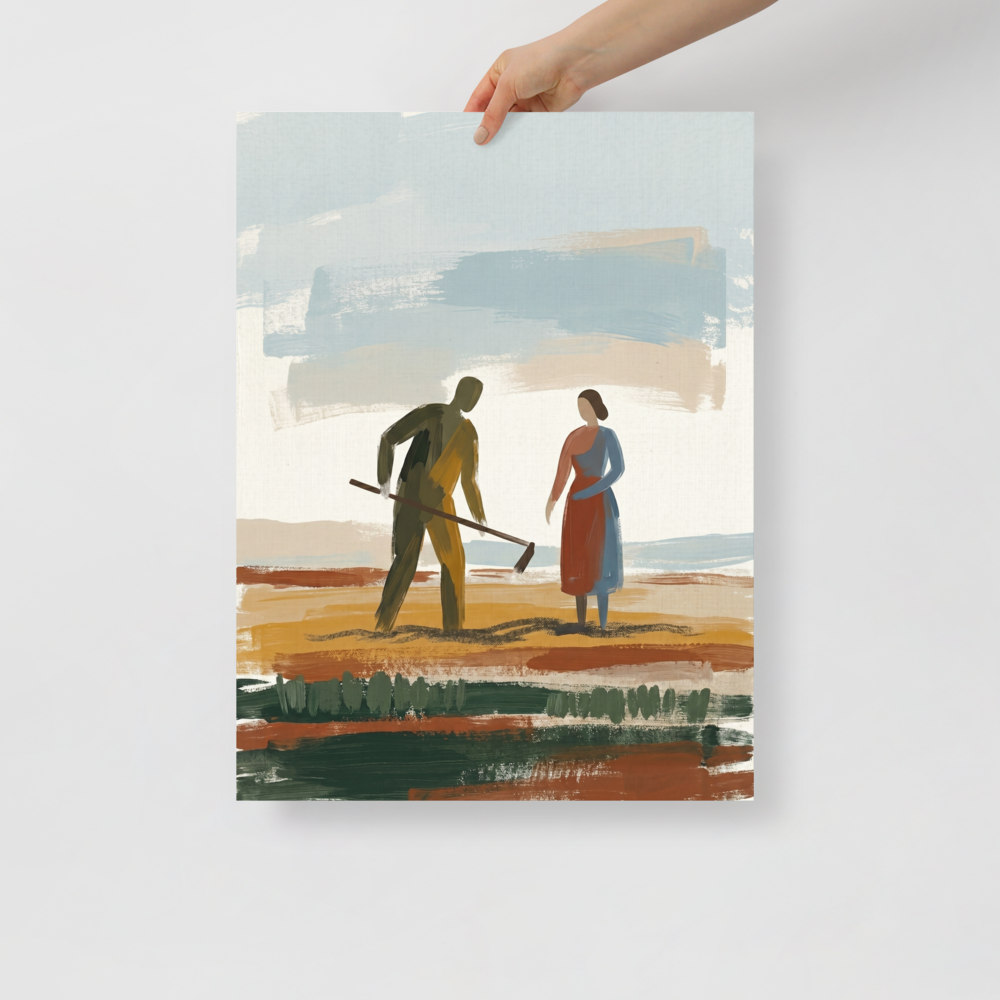 'Tilling the Earth' — a Expressionism,Figurative art print. An expressive painting of a man and a woman working in a colorful, layered field under a muted blue sky, perfect for a rustic dining room.