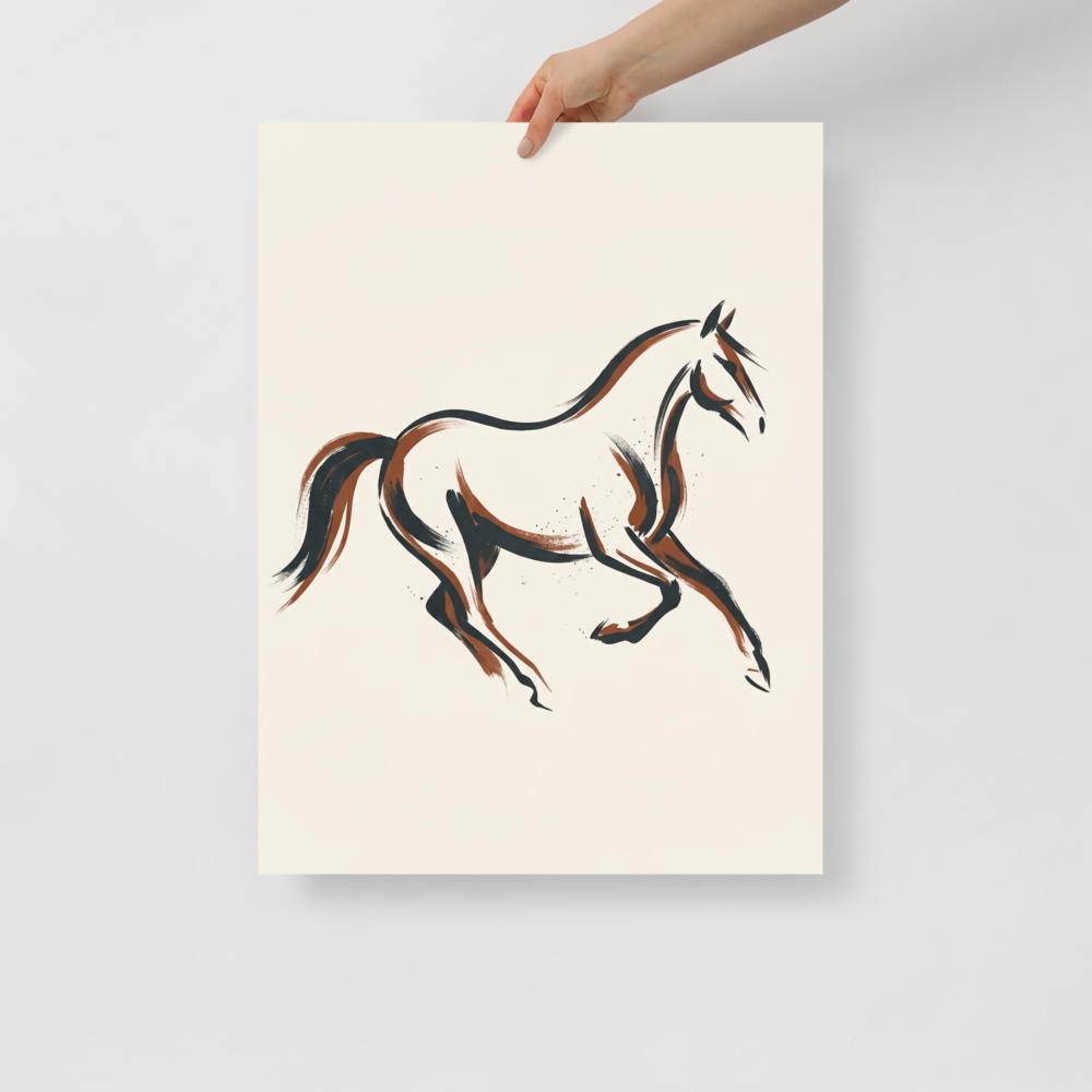 'Fluid Motion' — a Minimalism print. An elegant minimalist line drawing of a running horse in black and brown ink, perfect for a modern living room.