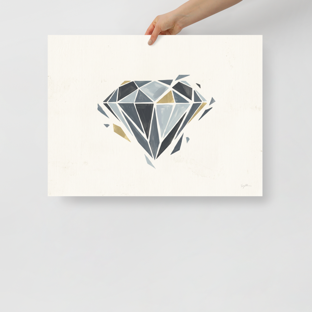 'Shattered Elegance' — a Geometric abstract art print. A geometric minimalist painting of a diamond with grey and gold facets on an off-white background, perfect for a chic office.