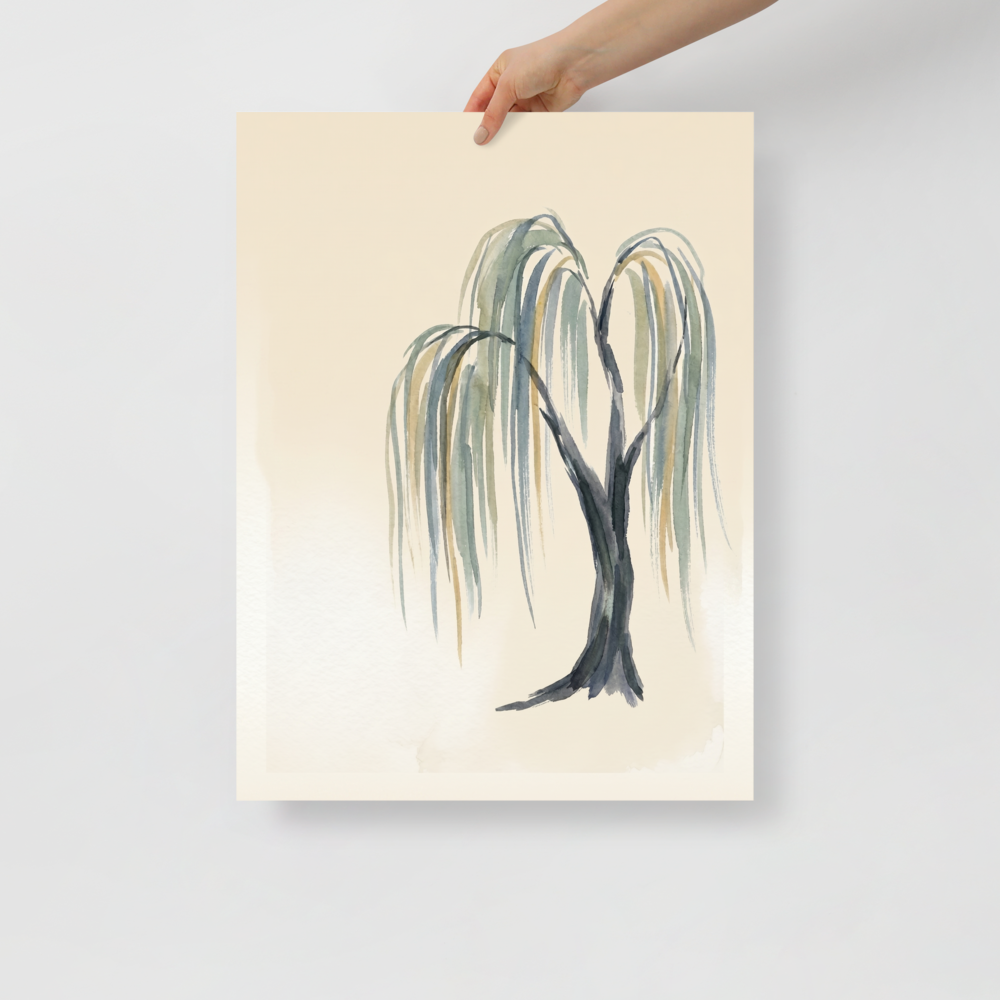 'Weeping Willow Grace' — a Minimalism,Japanese art print. A minimalist watercolor painting of a weeping willow tree with cascading green and grey branches against a soft beige background, perfect for a peaceful bedroom.