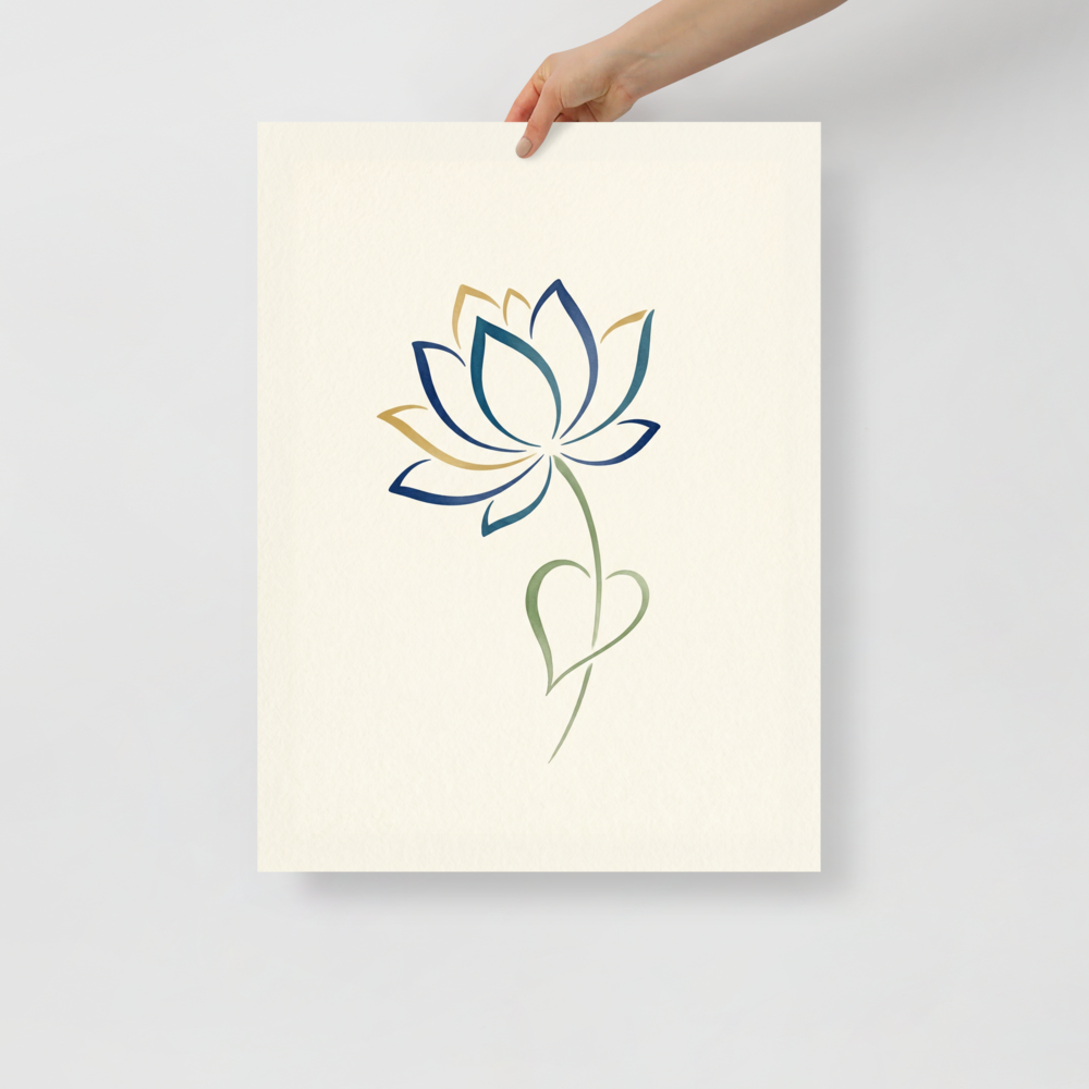 'Sapphire Bloom' — a Minimalism,Digital art print. A minimalist digital illustration of a lotus flower outlined in blue and gold on a cream background, perfect for a modern meditation room.