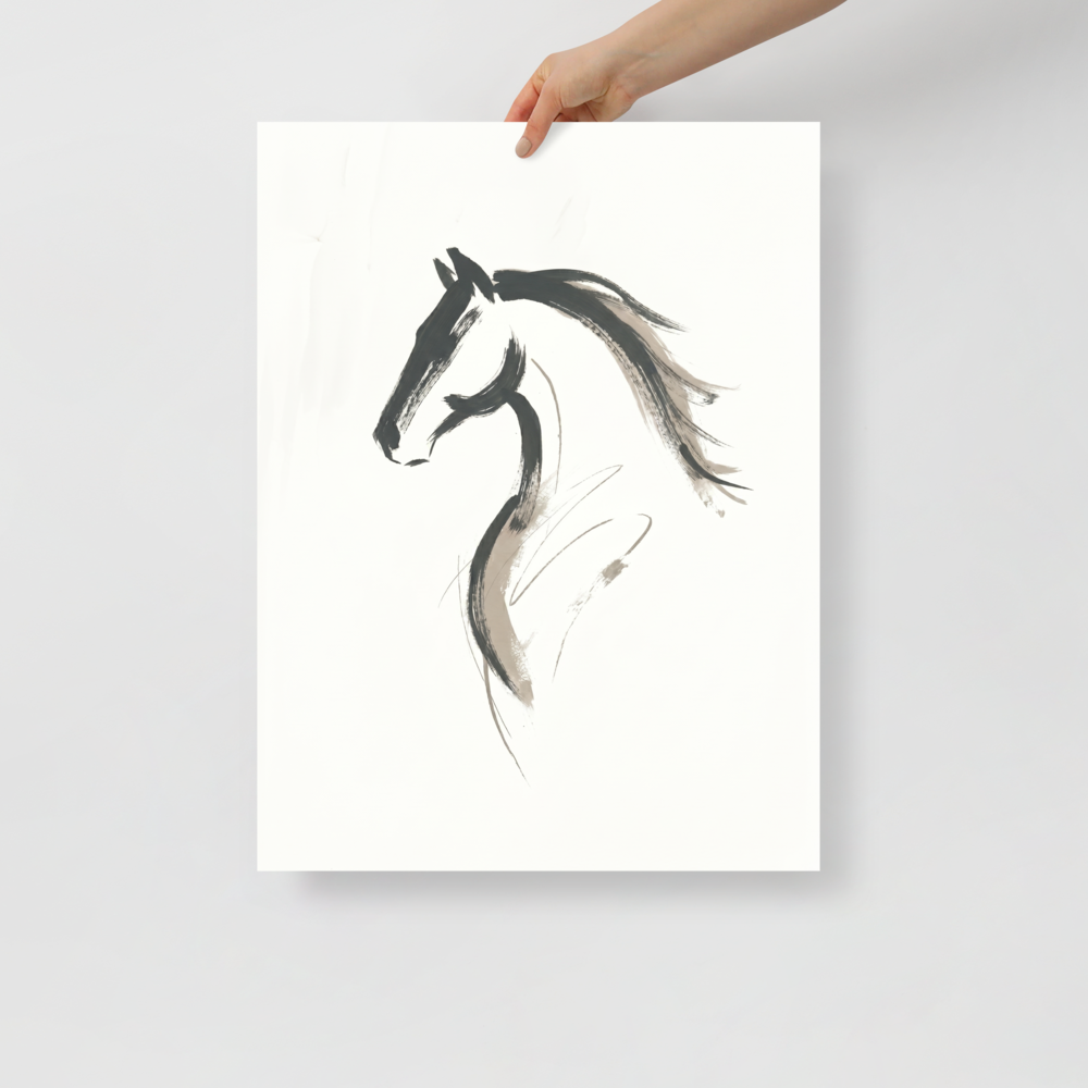 'Equine Spirit' — a Minimalism print. A bold minimalist ink sketch of a horse's profile in black and grey on a white background, perfect for an elegant living room.