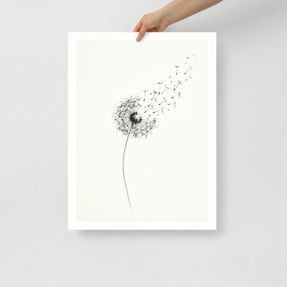 'Whispering Wishes' — a Minimalism print. A delicate black and white ink drawing of a dandelion with its seeds blowing away in the wind, perfect for a peaceful bedroom or nursery.