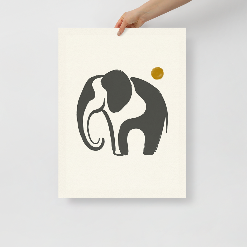 'Elephant under the Golden Sun' — a Minimalism print. A minimalist illustration of an elephant silhouette in grey brushstrokes with a golden sun on a light beige background, perfect for a nursery or living room.