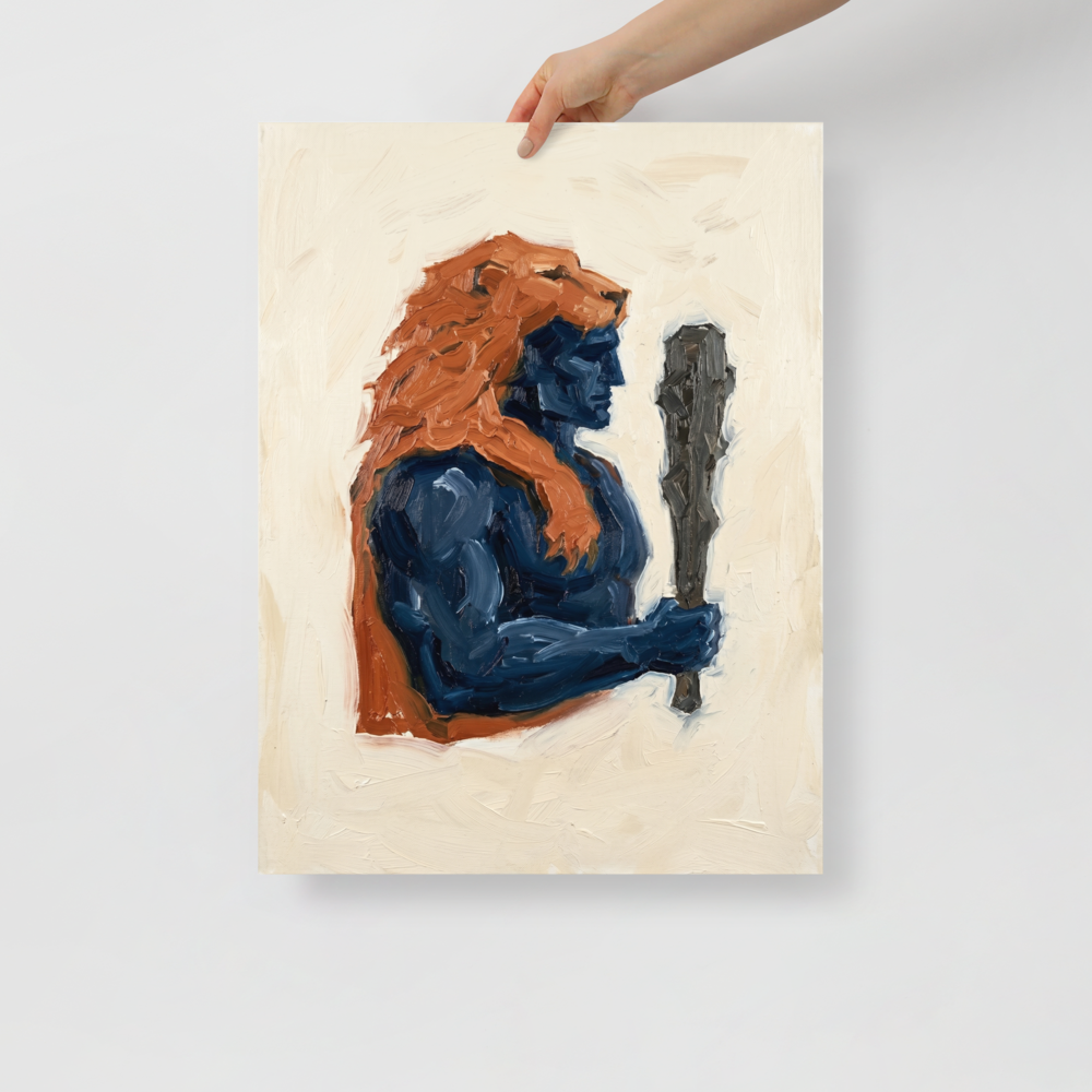 'Hercules's Mantle' — a Neo-expressionism,Figurative art print. An expressive, impasto painting of a blue mythological figure wearing an orange lion skin and holding a club, perfect for a bold living room or office.
