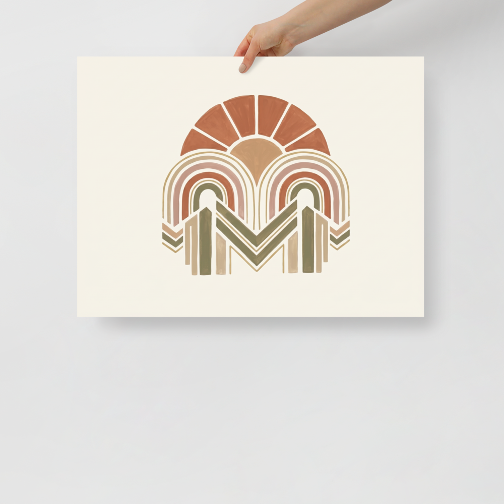 'Earthy Arches' — a Geometric abstract art print. A geometric bohemian abstract painting featuring arches and sun rays in earthy terracotta, beige, and olive green, perfect for a cozy living room.