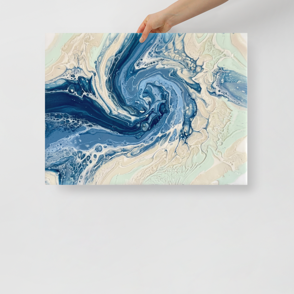 'Ocean Whirlpool' — a Abstract art print. A calming blue and white fluid abstract artwork resembling an ocean wave, perfect for a Bathroom.