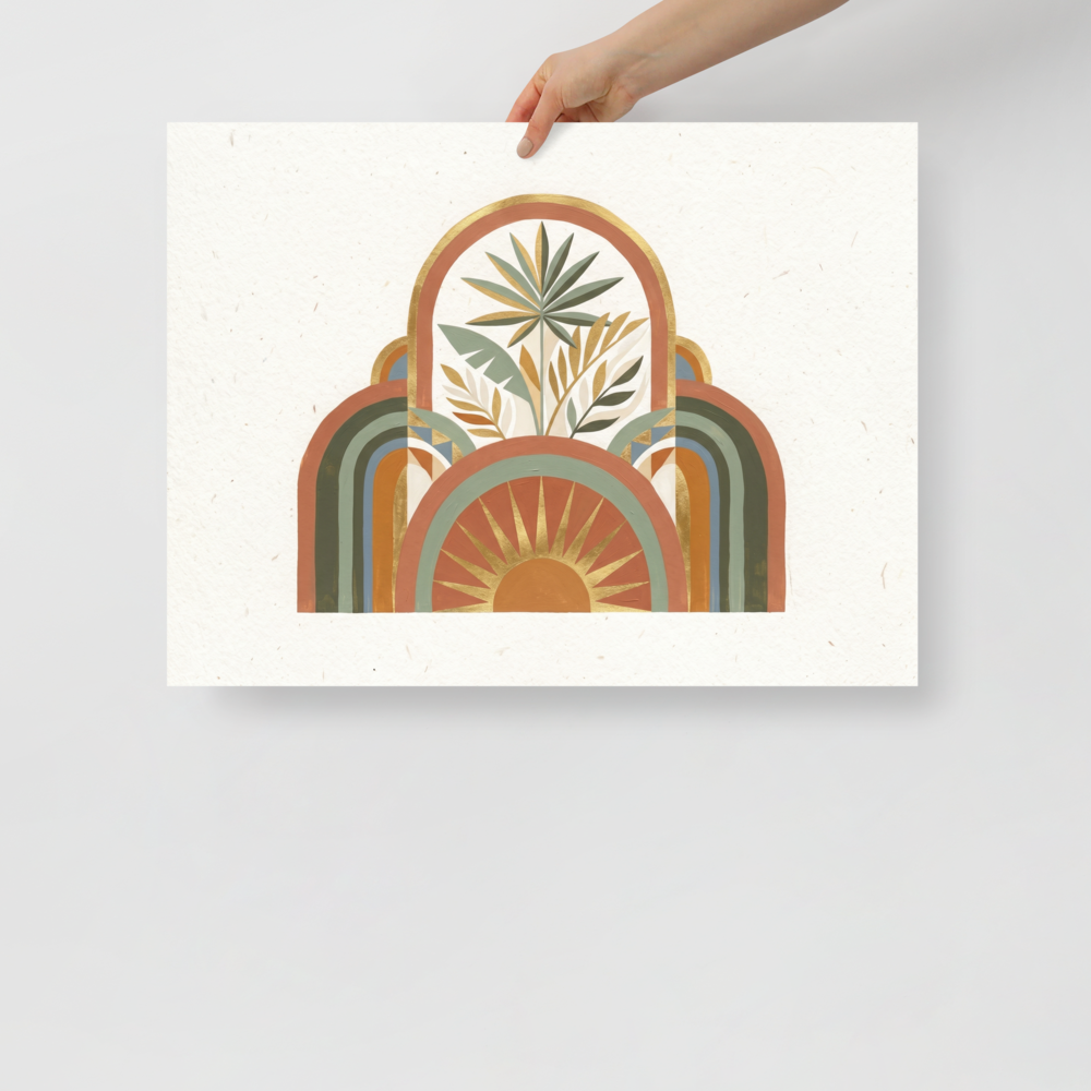 'Golden Archway Oasis' — a Minimalism,Geometric abstract art print. An abstract geometric design featuring arches, tropical leaves, and a golden sunburst on a textured background, perfect for a cozy Bedroom.