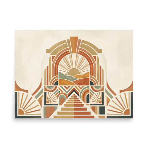'Art Deco Desert Sunrise' — a Art Deco,Geometric abstract art print. An Art Deco geometric landscape with a rising sun, rolling hills, and intricate stepped architecture in warm earthy tones, ideal for a Living Room.