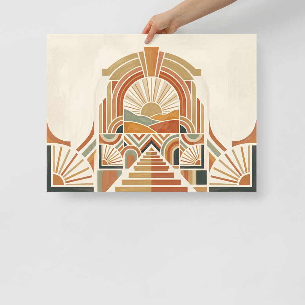 'Art Deco Desert Sunrise' — a Art Deco,Geometric abstract art print. An Art Deco geometric landscape with a rising sun, rolling hills, and intricate stepped architecture in warm earthy tones, ideal for a Living Room.
