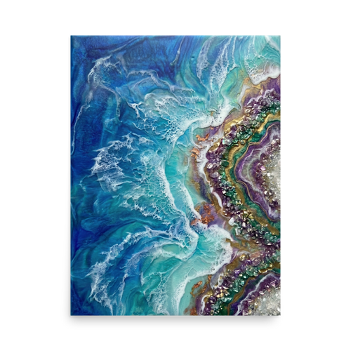 'Crystal Coast' — a Abstract art print. A vibrant blue ocean wave crashing against a purple geode crystal shore, perfect for a Bathroom.