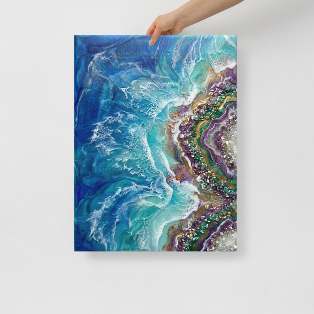 'Crystal Coast' — a Abstract art print. A vibrant blue ocean wave crashing against a purple geode crystal shore, perfect for a Bathroom.