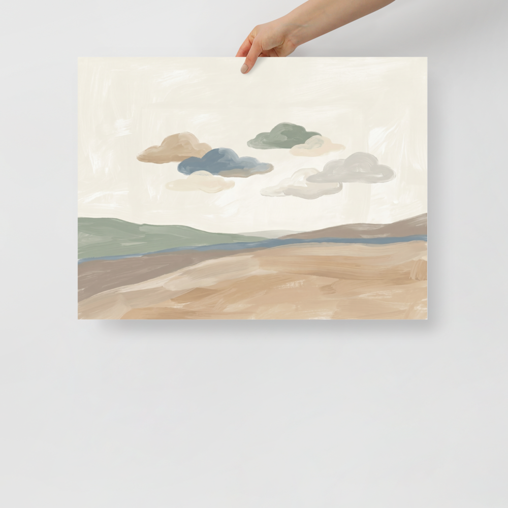'Whispering Horizons' — a Minimalism print. A minimalist painted landscape with soft rolling hills and stylized clouds in muted earthy tones, perfect for a calming Bedroom or Nursery.