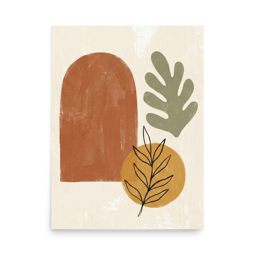 'Botanical Geometry in Earth Tones' — a Minimalism,Abstract art print. Minimalist abstract wall art featuring a terracotta arch, sage green leaf, and a golden circle with black line-art botanical details, perfect for a modern Living Room.