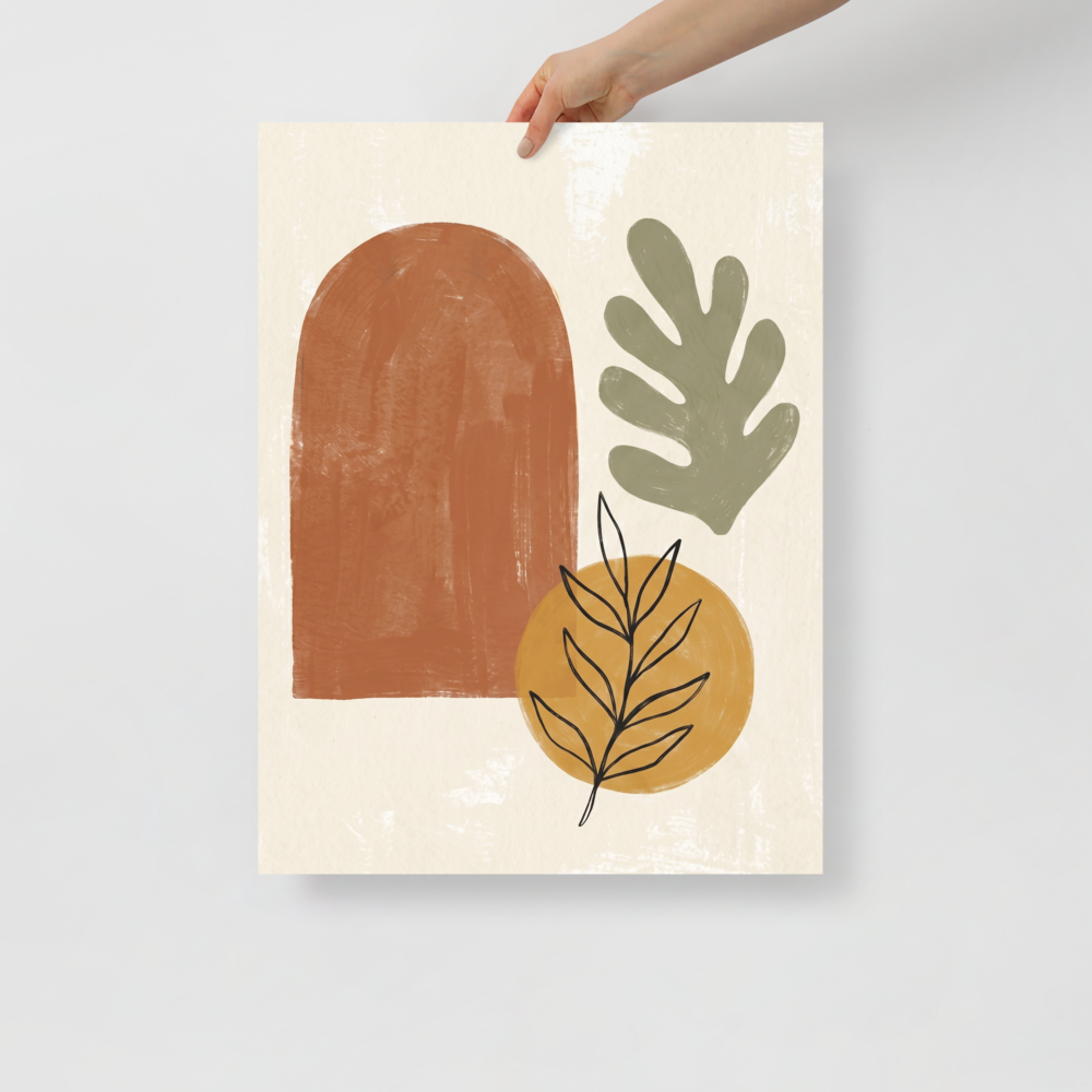 'Botanical Geometry in Earth Tones' — a Minimalism,Abstract art print. Minimalist abstract wall art featuring a terracotta arch, sage green leaf, and a golden circle with black line-art botanical details, perfect for a modern Living Room.