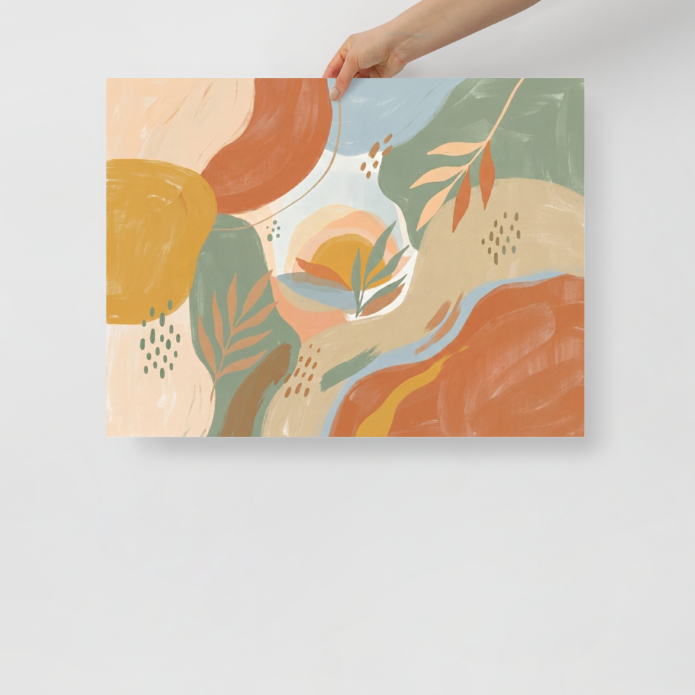 'Painted Sunset Oasis' — a Abstract expressionism,Minimalism print. An abstract painting featuring organic shapes, foliage, and a sunset in terracotta, sage green, and light blue tones, ideal for a Bedroom.