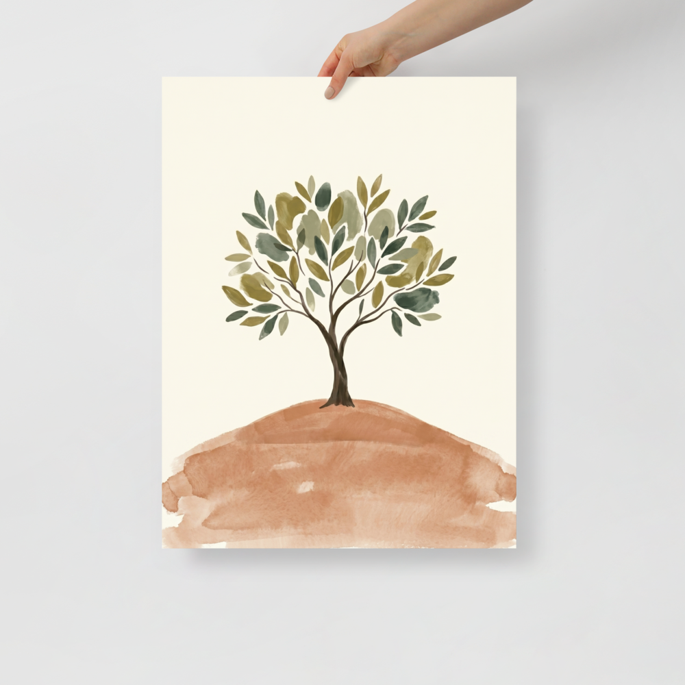 'Solitary Olive Tree' — a Minimalism print. A minimalist watercolor painting of a solitary tree with olive green leaves standing on a soft brown hill, perfect for a peaceful Nursery or Bedroom.