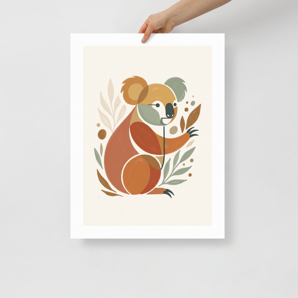 'Geometric Koala Bear' — a Minimalism,Abstract art print. An abstract, geometric illustration of a koala surrounded by leaves in earthy tones of rust, ochre, and sage green, perfect for a Playroom or Nursery.