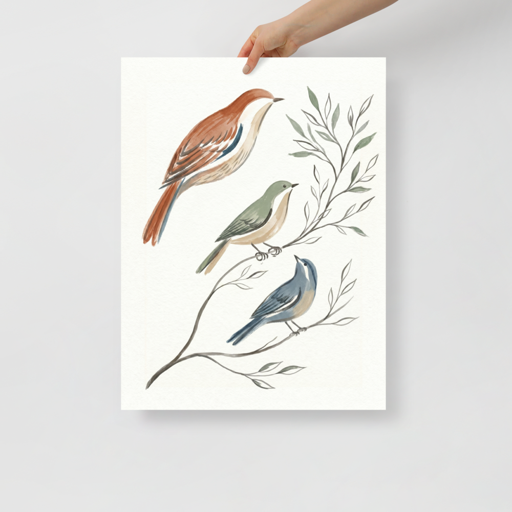 'Spring Aviary Sketch' — a Minimalism print. A minimalist watercolor painting of three birds in rust, sage, and slate blue perched on delicate branches, perfect for a calming Nursery or Bedroom.