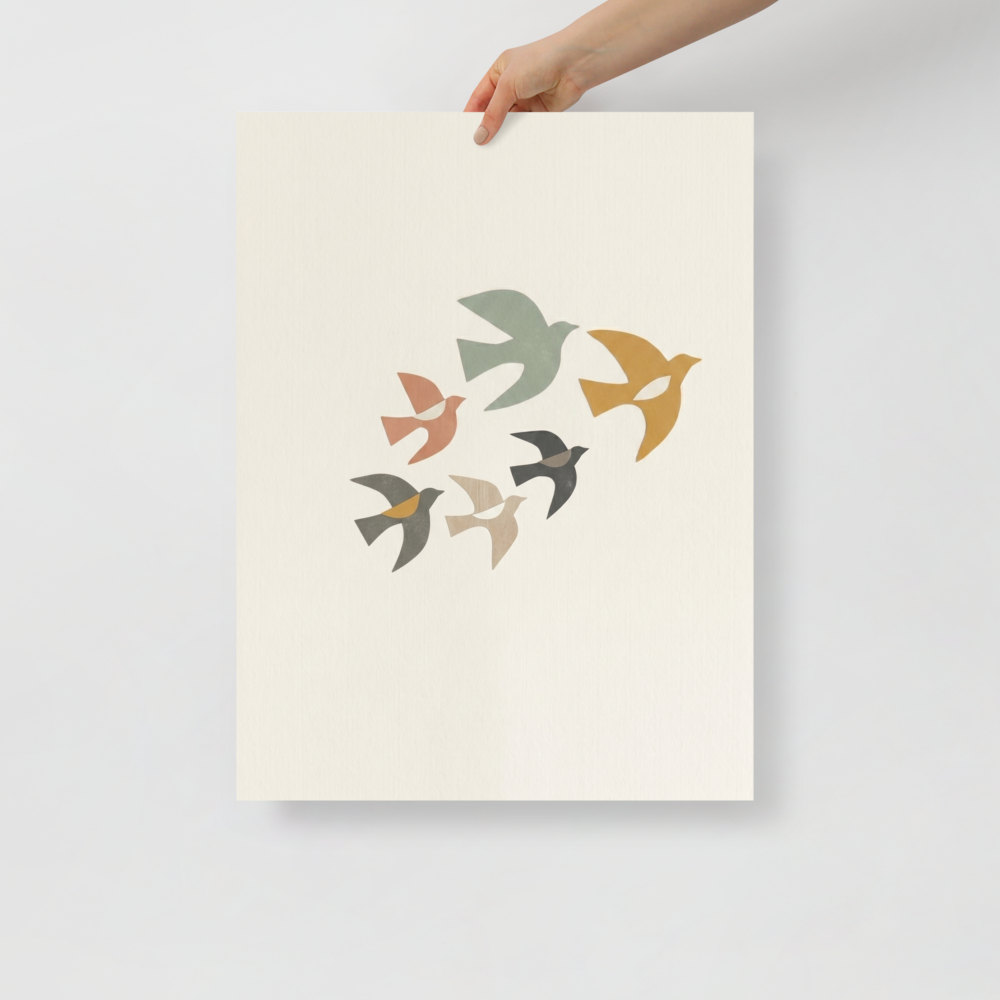 'The Minimalist Flock' — a Minimalism,Abstract art print. An abstract minimalist artwork showing a flock of birds in flight, rendered as geometric cutouts in sage, rust, and gold on a textured cream background, perfect for a Nursery.