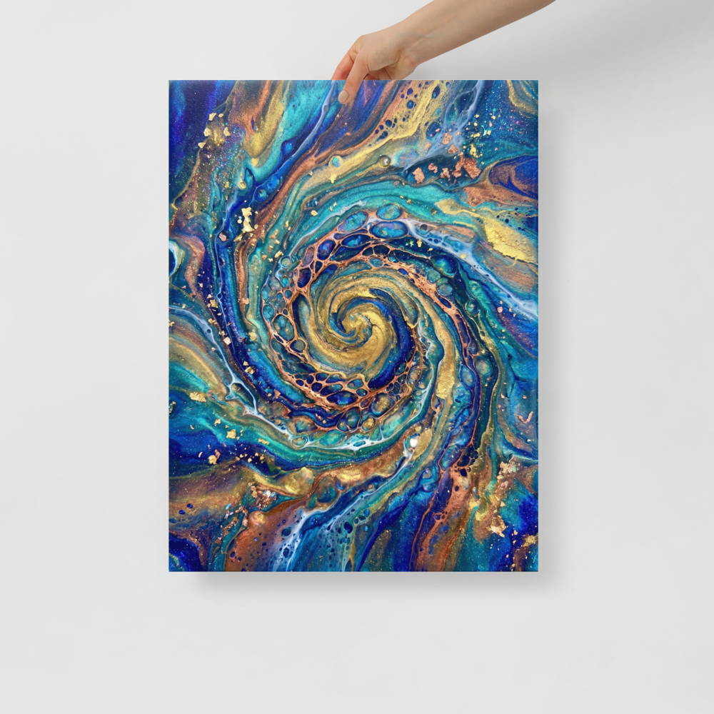 'Golden Vortex' — a Abstract art print. A swirling gold and blue abstract spiral artwork, perfect for a Living Room.