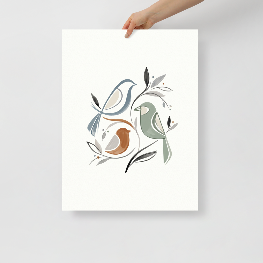 'Fluid Avian Harmony' — a Minimalism,Abstract art print. An abstract illustration of three stylized birds and foliage created with continuous fluid lines and watercolor washes in slate blue, rust, and sage, perfect for an elegant Bedroom.